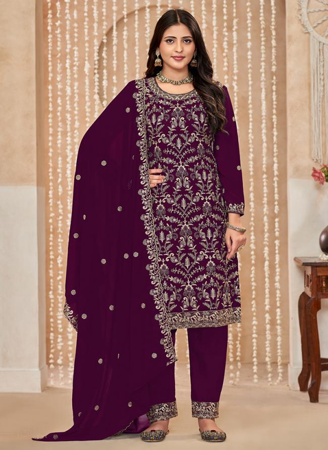 Faux Georgette Magenta Wedding Wear Embroidery Work Straight Suit